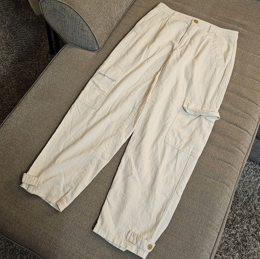 A New Day Cream Cargo Linen Blend Relaxed Baggy Casual Neutral Pants Size 4 - Picture 2 of 8
